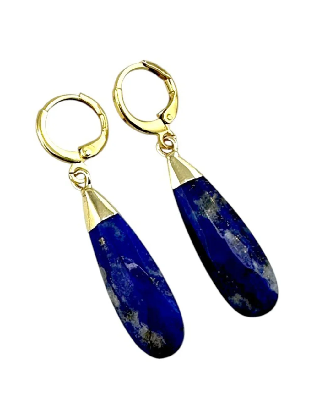 Lapis Lazuli Teardrop Earrings Gold Filled Hoops Blue Gemstone Dangle 1.75" - Picture 3 of 11